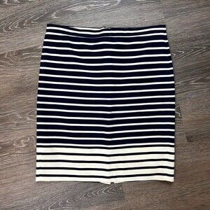 J. Crew Pencil Skirt Navy Blue Ivory Stripped Modest Knee Length Size 10P EUC